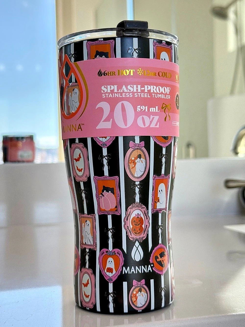 Manna Mott Tumbler 20 Oz Black & Pink Striped NWT